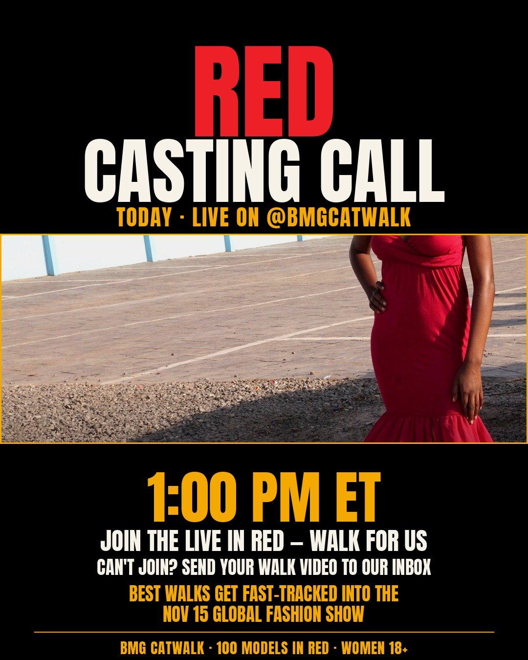 100 Models in Red — casting call flyer, October 30